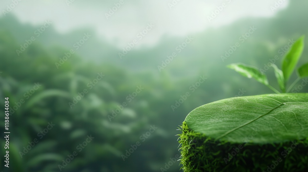 Poster a close-up of a lush green leaf on a moss-covered surface, surrounded by a misty forest backdrop, ev