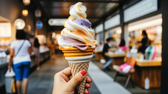 A hand holds a waffle cone filled with ice cream and toppings, lifestyle concept.