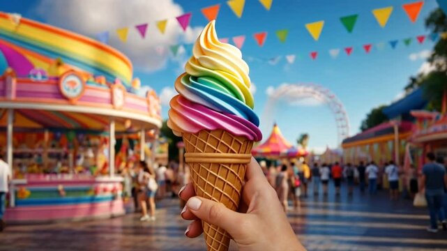 A hand holds a waffle cone filled with ice cream and toppings, lifestyle concept.