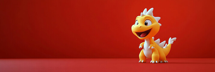 A cheerful dragon with a yellow body, white hair, and a joyful expression floats against a bold red background. Its charming cartoon style radiates playfulness, leaving room for text.