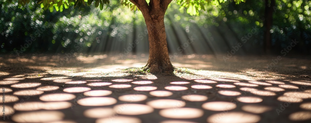 Poster A serene scene featuring a tree casting dappled sunlight on the ground, creating a tranquil atmosphere with rays filtering through lush foliage.