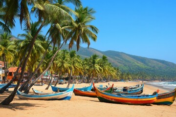 Obraz premium Tranquil Morning at Tree-Lined Beach with Small Fishing Boats Anchored Under Bright Sunlight and Majestic Mountains in Distance