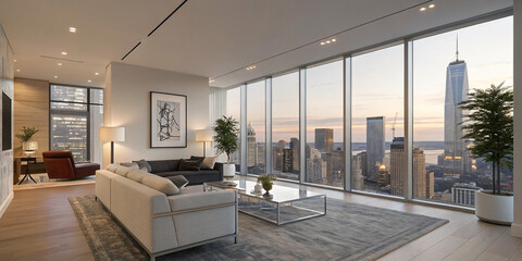 Penthouse Living Room with Large Windows and Modern Decor