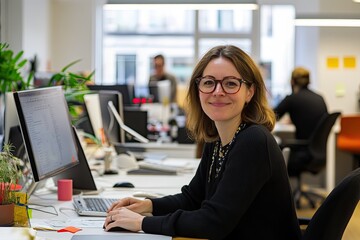 A modern open - plan office with a diverse team collaborating at a desk