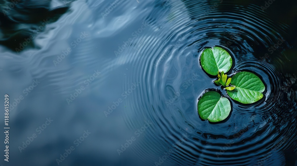 Aufkleber A serene image of green leaves floating on the surface of calm water, creating gentle ripples in a tranquil setting.