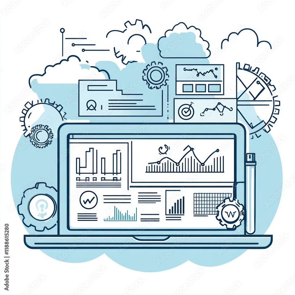 Poster laptop displaying business data analytics and cloud computing