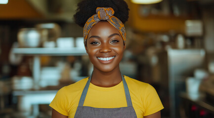 Portrait of a happy Black woman in her thirties, wearing an apron and bandana, with a yellow t-shirt, standing inside a restaurant kitchen. 
