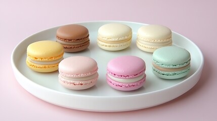 Colorful macarons arranged on a white plate against a pink background.