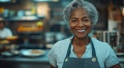 Portrait of a smiling middle-aged Black woman in an apron, working in a restaurant kitchen.