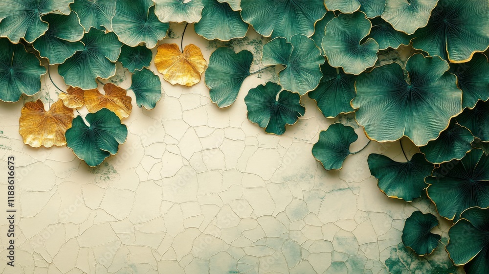 Poster elegant emerald and golden ginkgo leaves cascading down a textured off-white background creating a s