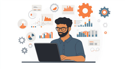 A man wearing glasses is sitting at his laptop and working on digital marketing, with various graphs and analytics icons floating above him. The background of the office has white