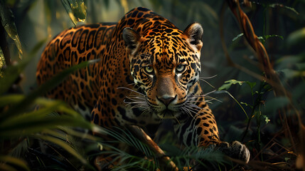 Obraz premium In the Heart of the Jungle: An Intimate Glimpse into the Life of a Majestic Jaguar