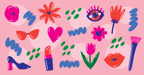 cute fashionable colorful hand drawn female things with fun abstract elements vector set for decorating your artwork