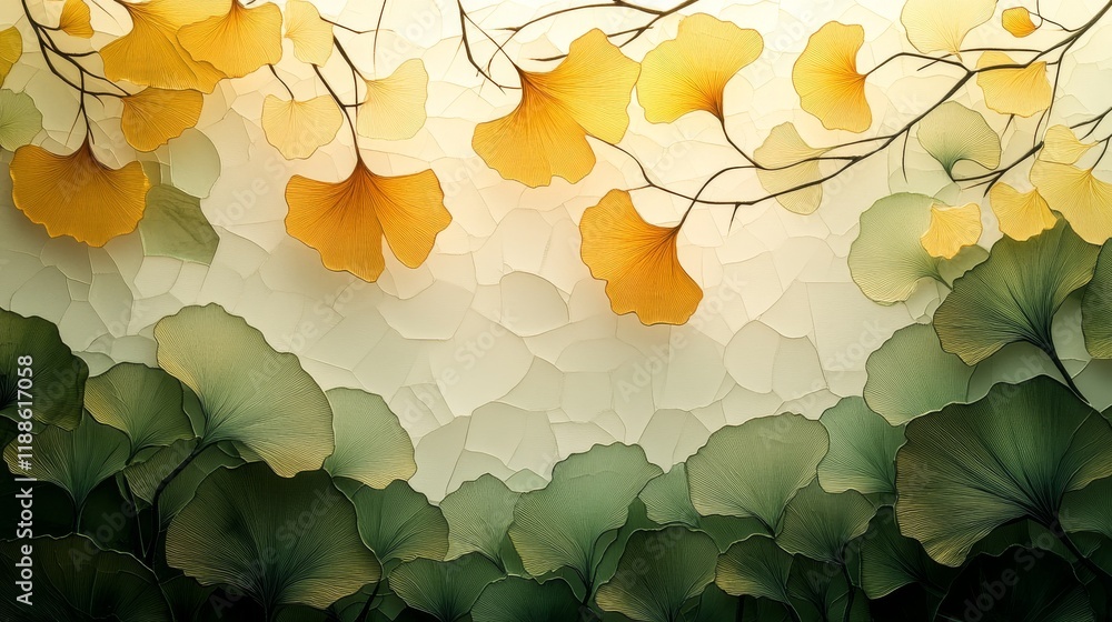 Poster elegant ginkgo leaves with autumnal hues and textured background create a serene and artistic compos