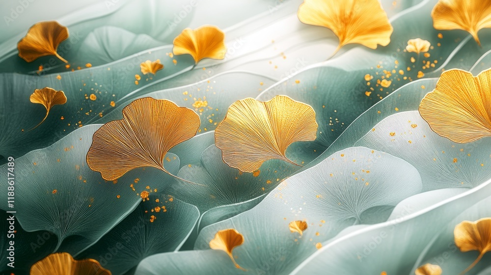 Poster elegant golden ginkgo leaves float serenely across a textured teal and white background, creating a 