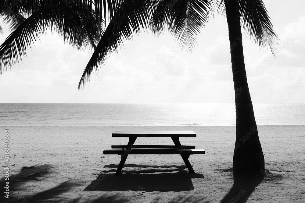 Poster serene beach picnic table under a tree with a backdrop of the open ocean and bright midday sunlight