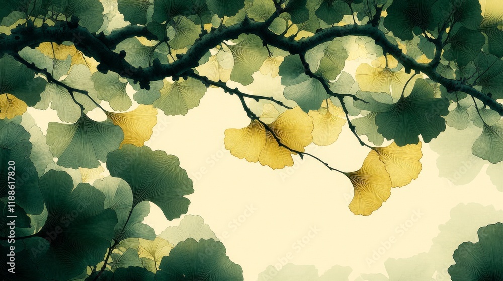 Poster gingko tree branches with delicate yellow and green leaves create an elegant and calming nature scen