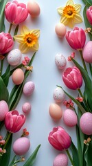 Obraz premium Minimalist Spring Celebration with Daffodils and Easter Eggs Arranged Elegantly on a Soft Background for Chinese New Year and Easter Festivities