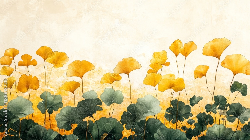 Poster elegant gingko leaves art in harmonious yellow and green hues with subtle textured background creati