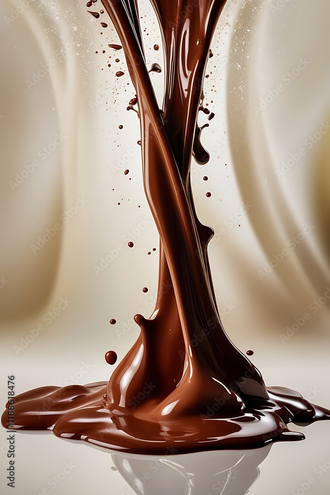 Poster dynamic chocolate cascade with swirls and droplets against a soft background for business use