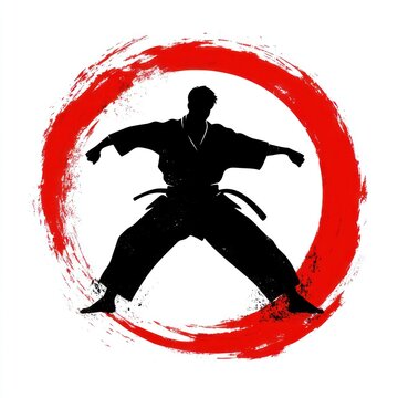 Karate Silhouette Within Red Circle Brush Stroke Design