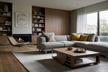 Fototapeta premium International style living room with cozy fireplace, gray sofa, wooden shelves, and natural light