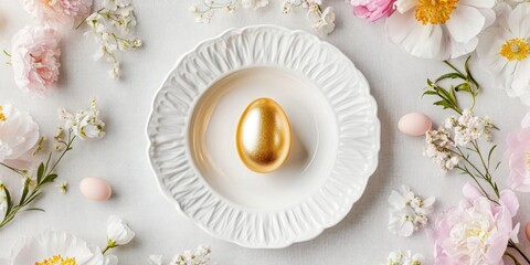 Minimalistic Easter scene with golden egg on white ceramic plate surrounded by spring blossoms