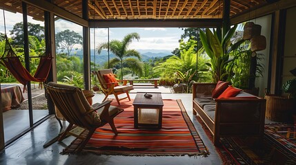 Fototapeta premium Tropical luxury villa with open-air living room panoramic ocean view rattan furniture red accent pillows and wooden beams surrounded by lush green foliage palm trees and rustic elegance for a tranquil