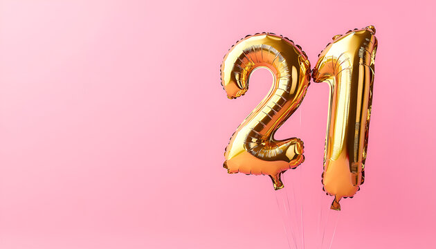 Coming of age party - 21st birthday. Number shaped balloons on pink background, space for text