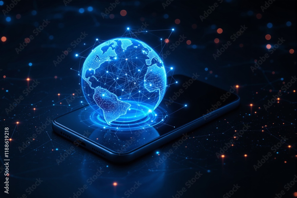 Aufkleber glowing digital globe with network connections hovering over a smartphone, futuristic tech design wi