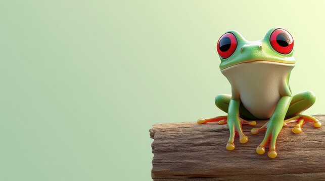 Adorable Red Eyed Tree Frog Posing on Wood Adorable Amphibian on Log, 3D Render