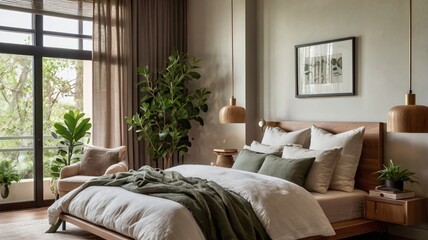 This bedroom features a comfortable bed dressed in soft linens and pillows, complemented by lush greenery and modern decor. Natural morning light fills the space, enhancing its cozy ambiance.