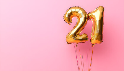 Coming of age party - 21st birthday. Number shaped balloons on pink background, space for text