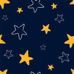 Hand drawn seamless pattern colorful stars on a dark background for decorative purposes vector illustration