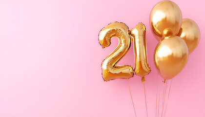 Coming of age party - 21st birthday. Number shaped balloons on pink background, space for text