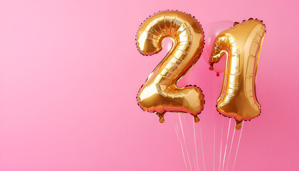 Coming of age party - 21st birthday. Number shaped balloons on pink background, space for text