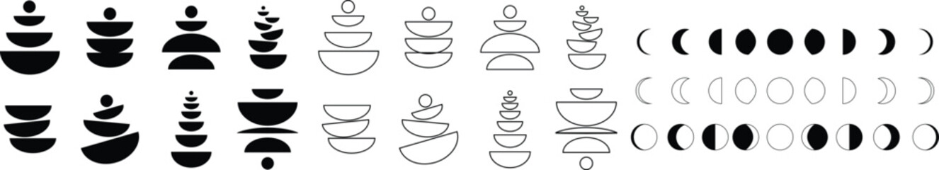 Abstract mid century modern rain bow poster moon phases icon set. Bauhaus style minimal hipster design flat line collection isolated background. Contemporary for wall decoration artwork © Asia