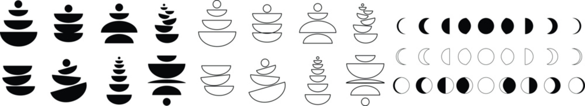 Abstract mid century modern rain bow poster moon phases icon set. Bauhaus style minimal hipster design flat line collection isolated background. Contemporary for wall decoration artwork