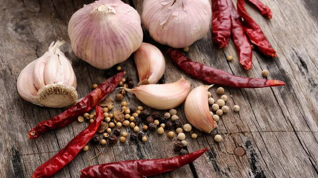 Garlic, dried chilli and pepper on a wooden table.
