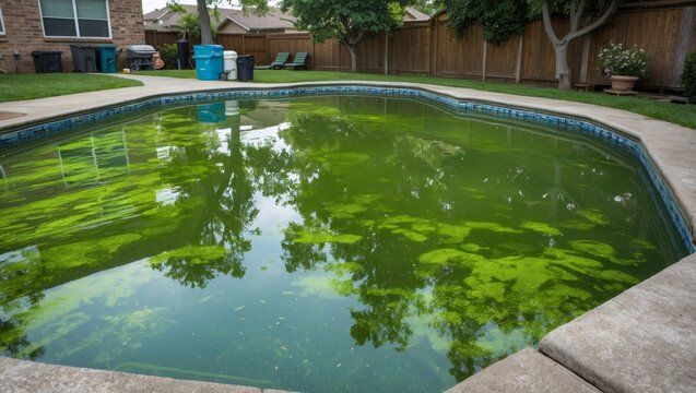 Algae covered backyard pool in suburban neighborhood