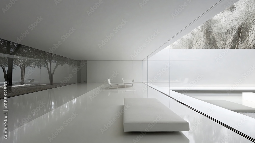 Canvas Prints Minimalist Modern White Interior Design Room with Large Windows and Outdoor View