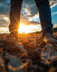 People Observe the Sunset Over a Field While Standing Amidst Dry Plants and Soil on a Clear Evening