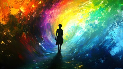 Woman Silhouetted Against Vibrant Colorful Wave Painting
