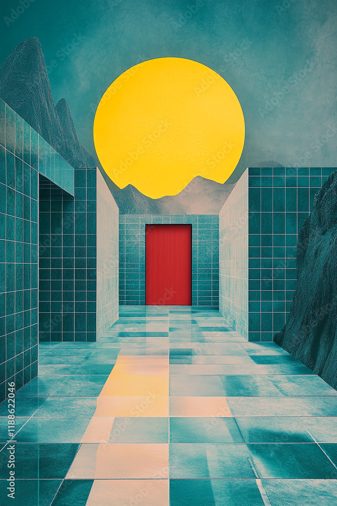Poster abstract architectural design with red door and vibrant geometric patterns
