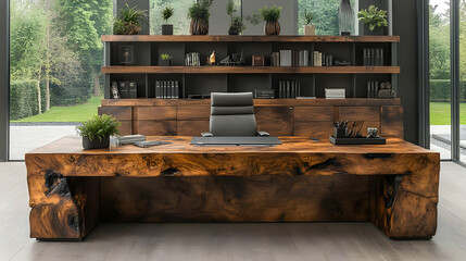 Modern Executive Wooden Desk with Built in Bookshelf in a Spacious Office