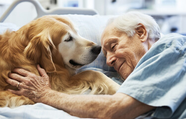 An elderly man gently interacts with a golden retriever in a care facility. Their touching moment showcases the bond between humans and animals, highlighting emotional support.