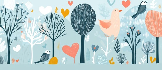 Whimsical illustration of trees and birds in nature.
