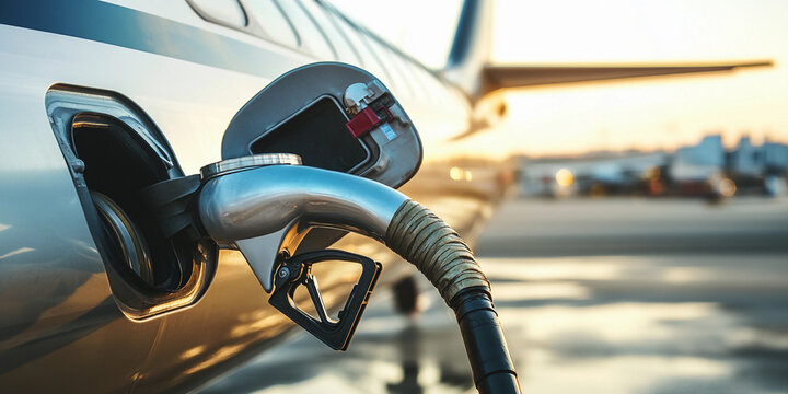 Aviation fuel being pumped into a private jet at sunset