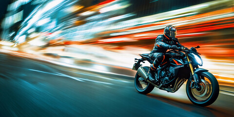 Fototapeta premium Rider speeds through vibrant city streets at night