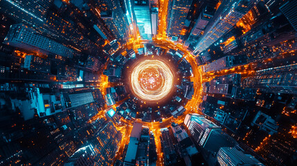 Fototapeta premium An aerial view showcases vibrant fireworks lighting up the night sky over a glowing cityscape, their colorful patterns painting the darkness with festive brilliance in honor of New Year's Day.